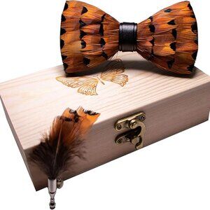 Handmade Feather Pre-tied Bow tie and Brooch Sets for Men Orange